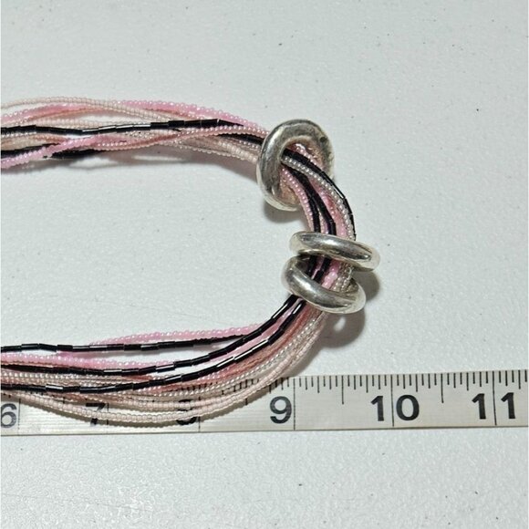 Elegant Multi Strand Pink Black Seed Beaded Statement Necklace Silver-Tone Rings - Picture 7 of 7